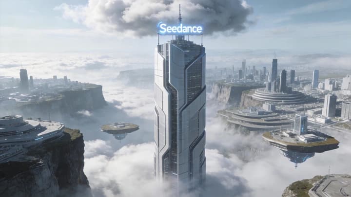 Reference image of tech campus building and reference video with dive-down camera motion