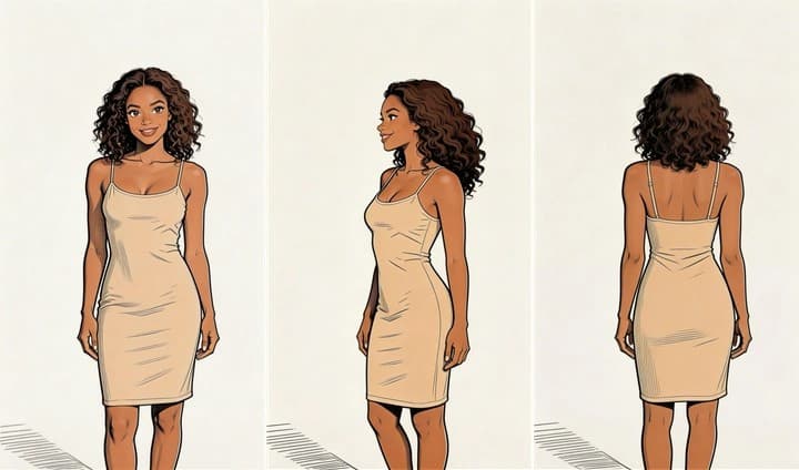 Front, side, and back reference views of a woman